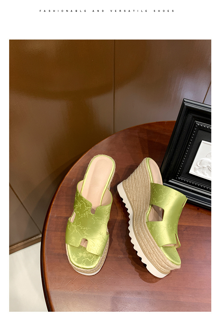 Sandal cao gót nữ hở mũi đế xuồng bện cói da bò thật — màu be, màu hồng, màu xanh huỳnh quang chi tiết 15