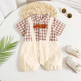 婴幼儿夏装男宝宝周岁生日礼服幼儿格子哈衣夏季连体衣小绅士爬服