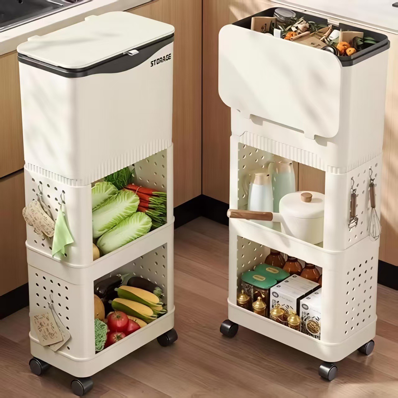 Basura de cubierta deslizante gran capacidad de cocina sin cintura doblada estante de almacenamiento de piso móvil de doble capa estante de almacenamiento de sala de estar cesta