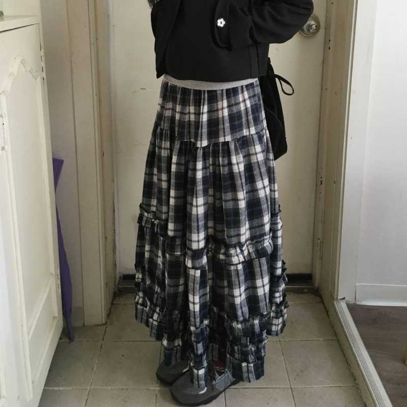 韩国 秋冬磨毛款经典复古格纹减龄荷叶花边点缀半身裙