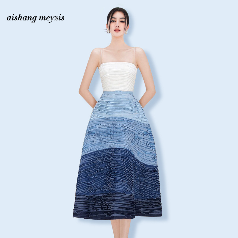 Heavy-Duty Gradient Denim Blue Strapless Mini Dress 2025 Spring and Autumn New Style Slim-Fit Long Dress Light Luxury Dress for Women