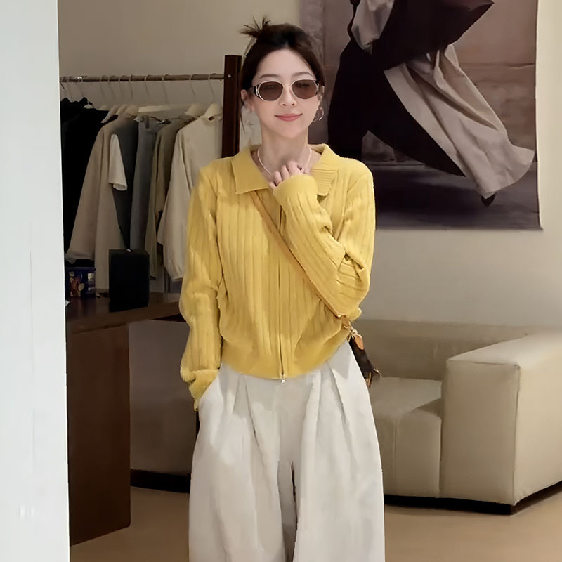 大码女装坑条polo领拉链毛衣针织衫早秋新款胖mm宽松显瘦小衫上衣