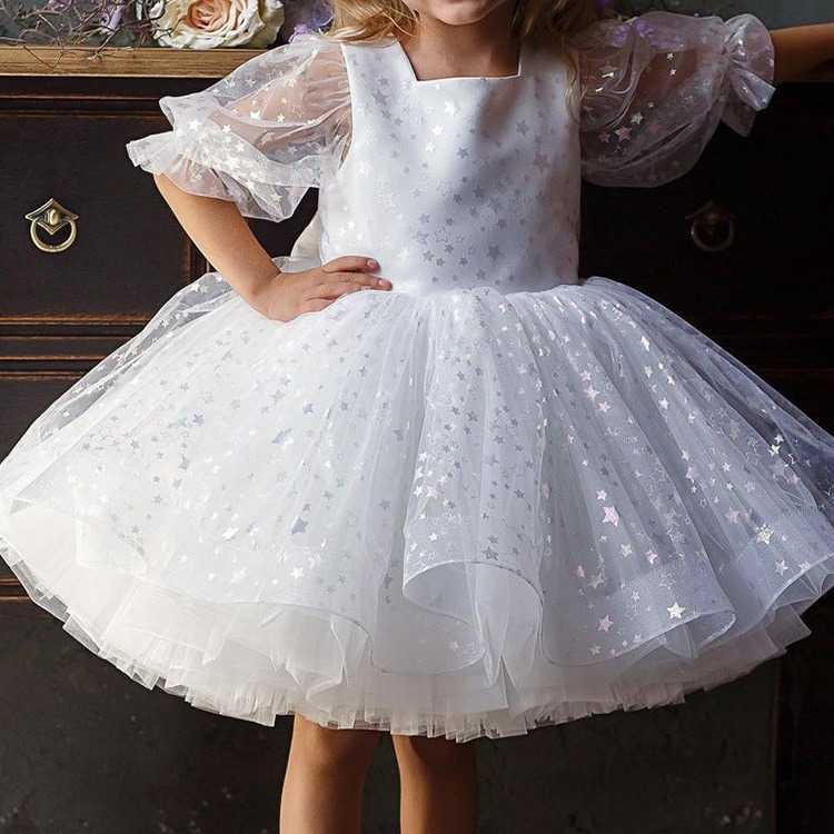 Christmas Princess Dress For Girls – Sparkly White Tutu With Puffed Sleeves & Bow Details (80-160cm, Perfect For Holiday Parties & Performances)_voghion.com