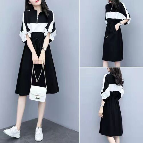 Loose-fitting waisted color-blocked patchwork casual summer dress for stylish ladies, wind-blown long sleeveless gown