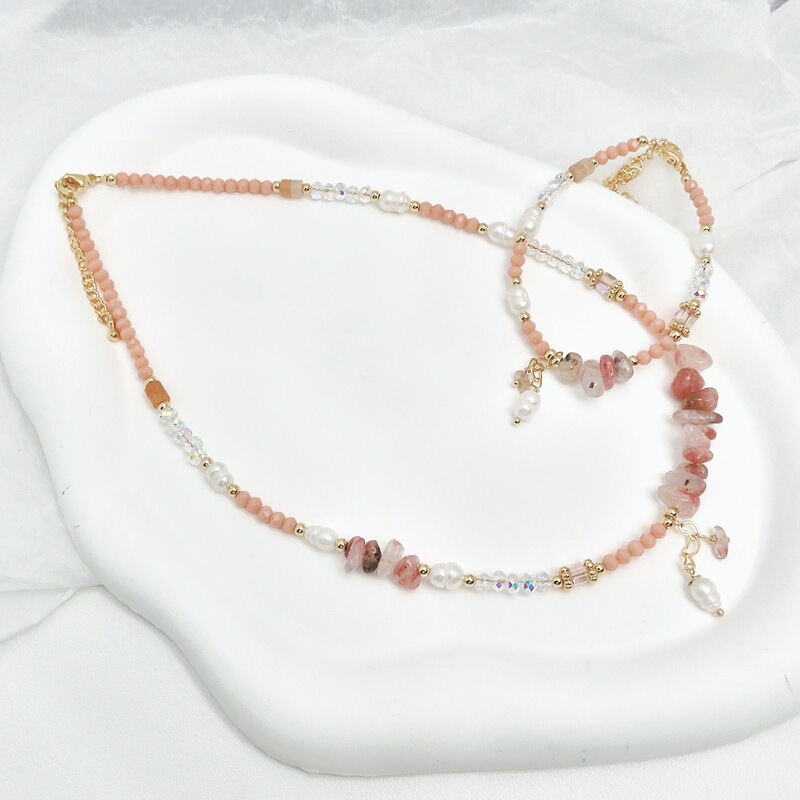 Natural Stone Freshwater Pearl Bracelet Necklace Pink Zircon Peach Blossom Stone Design High-End Accessible Luxury Girl Pendant Neck