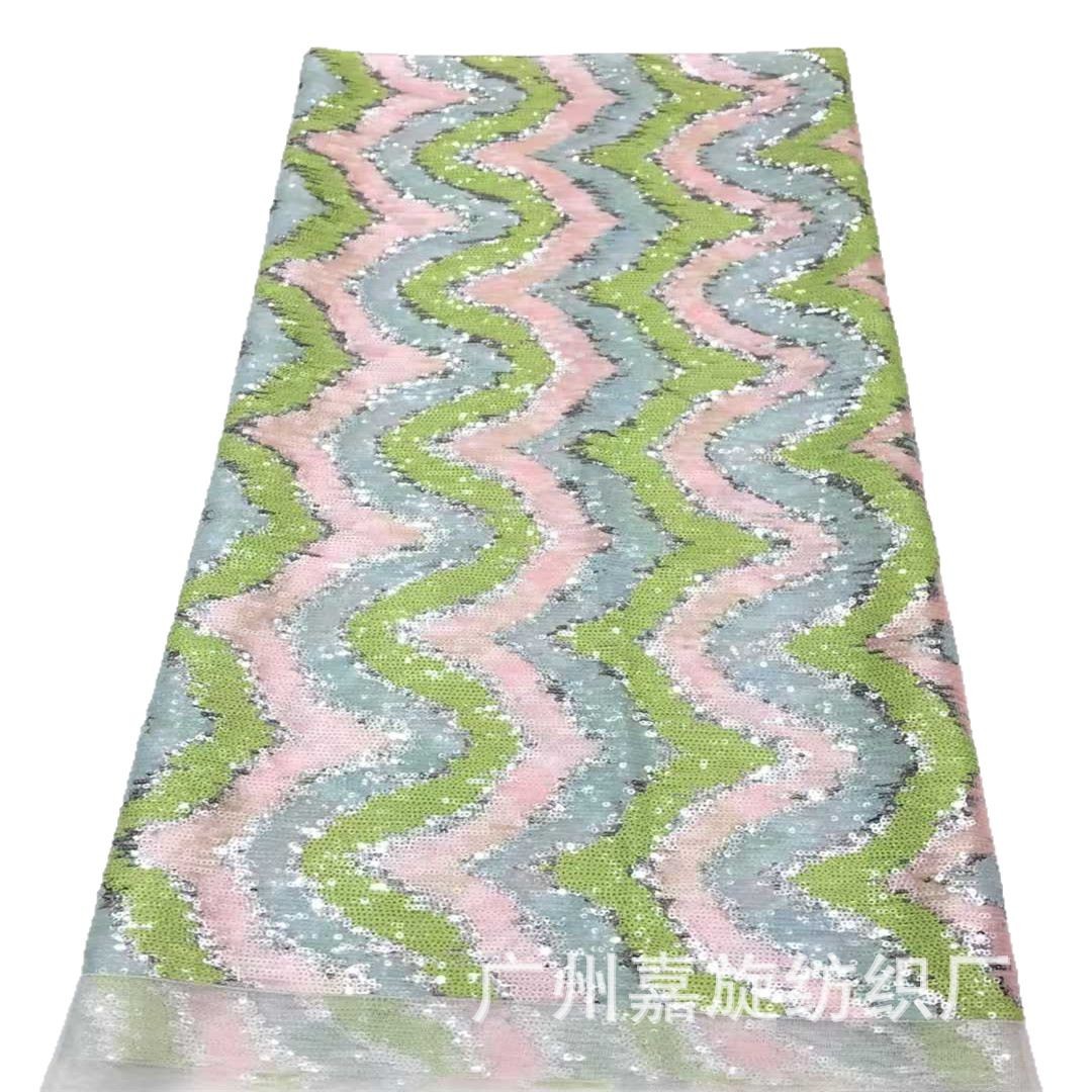 Tela de encaje con lentejuelas de 3 mm con patrón de ondas multicolor para ropa de moda, vestidos y faldas, tela bordada con lentejuelas.