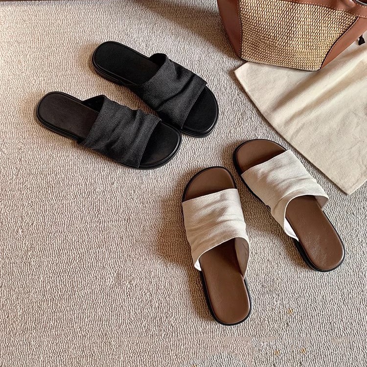 【现货出售】曼谷拖度假风亚麻褶皱平底凉拖鞋女夏外穿沙滩一字拖