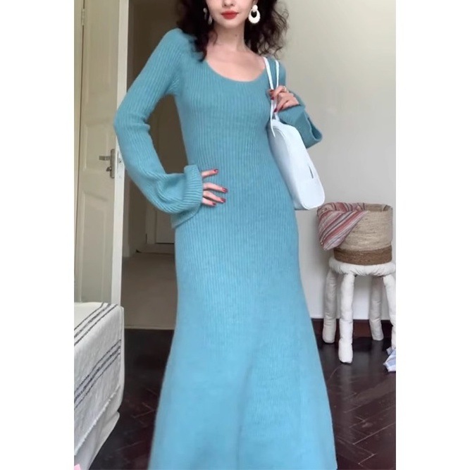 (2개) 프랑스 스타일 우아한 유행 긴 니트 원피스 여성의 가을과 겨울 하이 엔드 슈퍼 모양의 스웨터베이스 스커트
