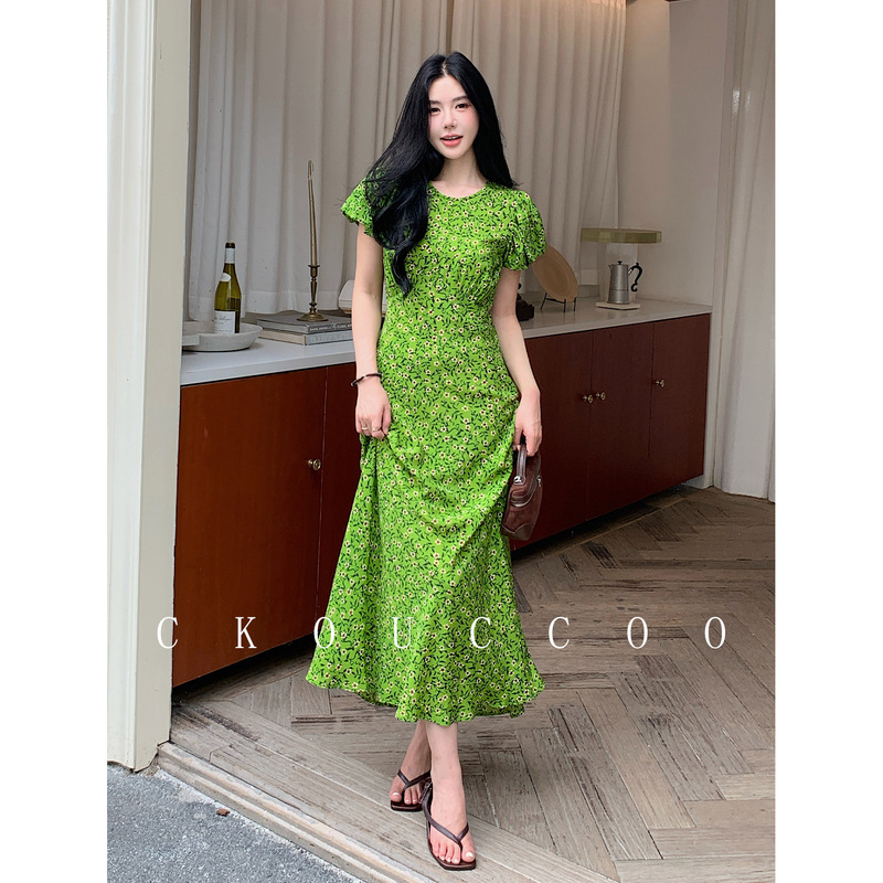 Rongtai Jade Green Floral Double Crepe Silk Dress for Women, Slim Fit, Elegant, Fishtail Long Dress Rongtai Jade Green Floral Double Crepe Silk Dress for Women, Slim Fit, Elegant, Fishtail Long Dress