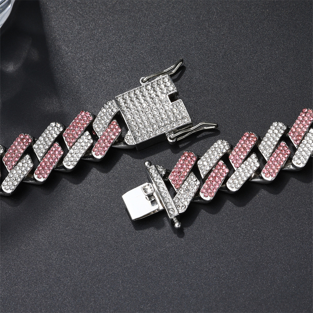 Rhombus Pattern Hip-Hop Rhombus Zinc Alloy Inlay Zircon Unisex Cuban Link Chain Curb Chain Bracelets Necklace