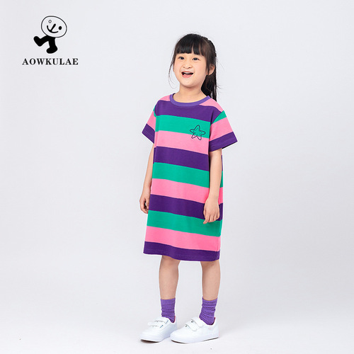 Summer Korean style children's clothing new girls dress children's embroidered knitted short-sleeved t-skirt girl princess dress wholesale