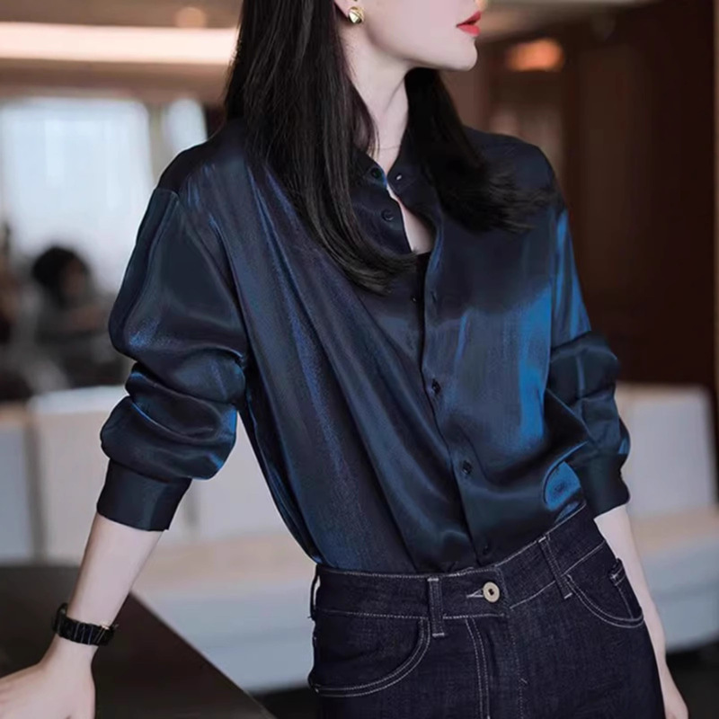 Spring and Autumn Dark Blue French Shirt Women's Premium Acetate Satin Shirt Long Sleeve Pleated Chiffon Top