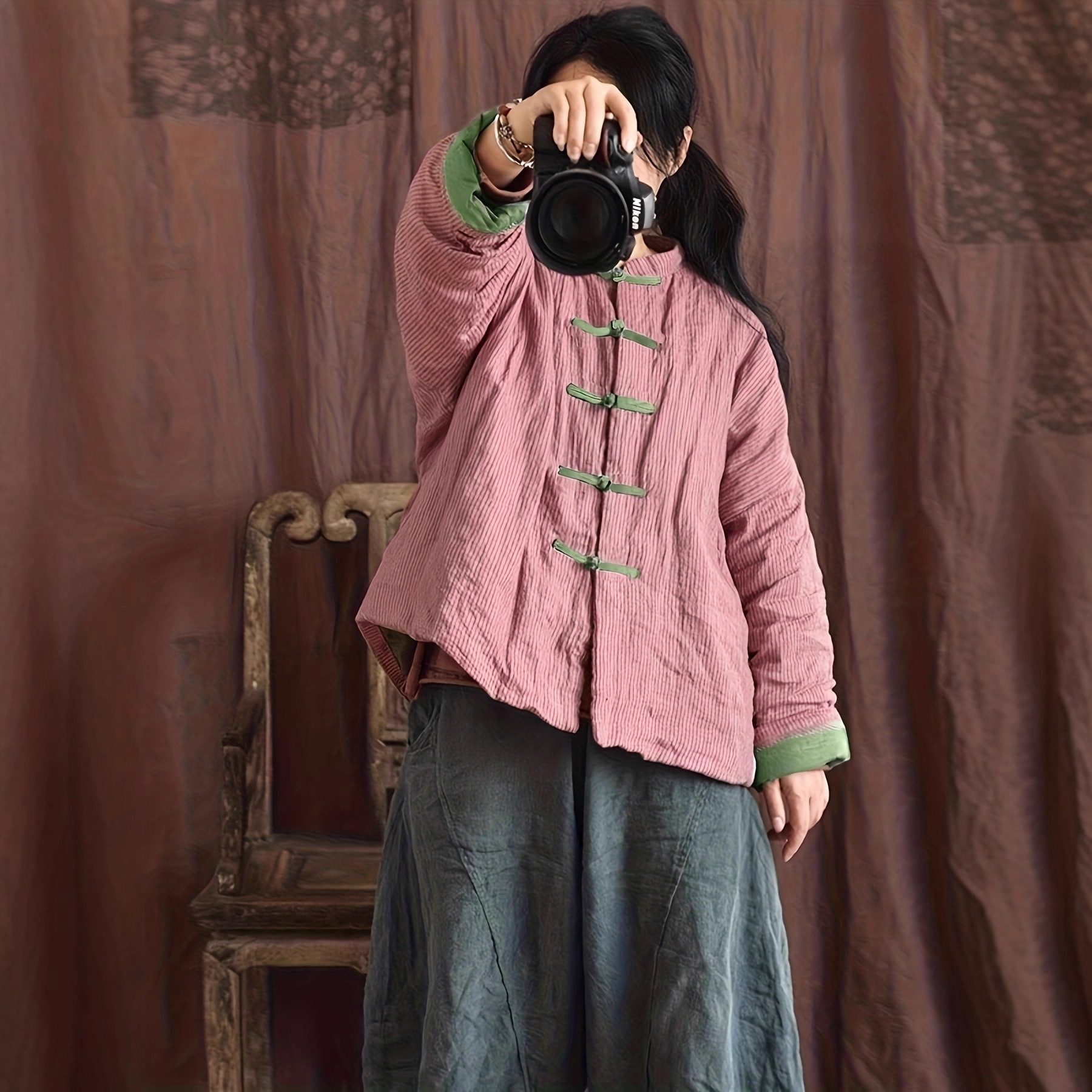 幸月/原创自制色织条纹亚麻中式盘扣夹棉短外套 国风复古女式棉衣