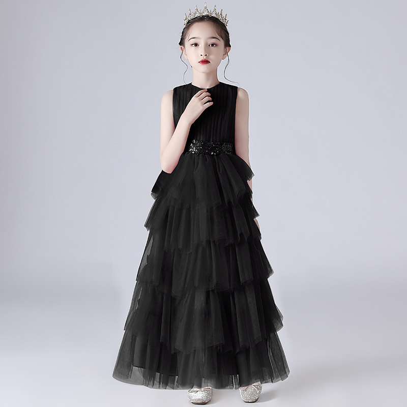 Girls' Formal Dress, Little Host Princess Dress, Big Kids' Luxury Piano Performance Outfit, High-End Black Evening Gown Girls' Formal Dress, Little Host Princess Dress, Big Kids' Luxury Piano Performance Outfit, High-End Black Evening Gown