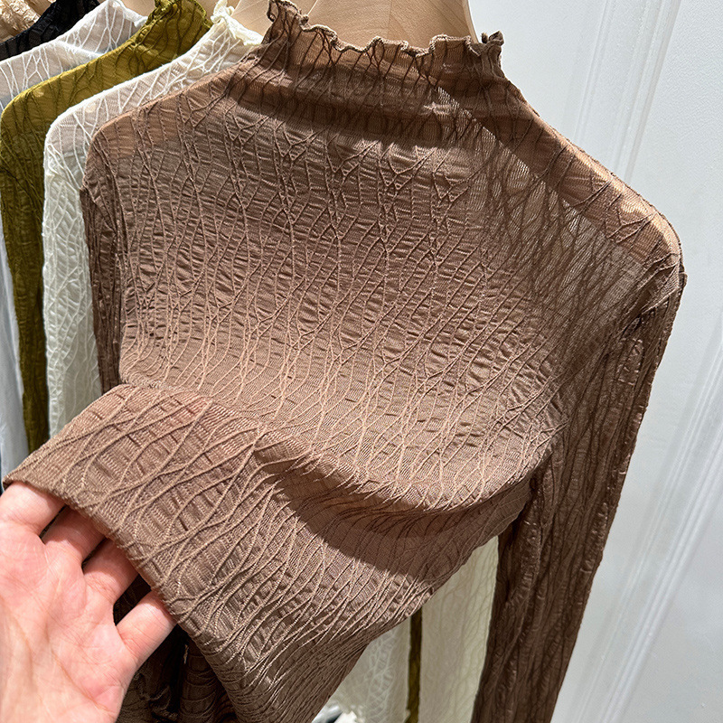 High-end Lace Base Shirt Women's Winter 2025 New Fashion Western Style Shirt See-through Mesh Half-high Collar Inner Top
