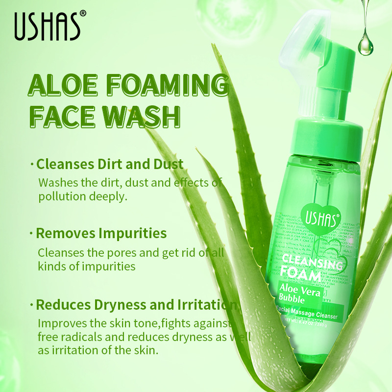 USHAS spot transfronterizo venta caliente espuma de limpieza de aloe vera hidratación hidratante limpia la cara con cepillo de masaje