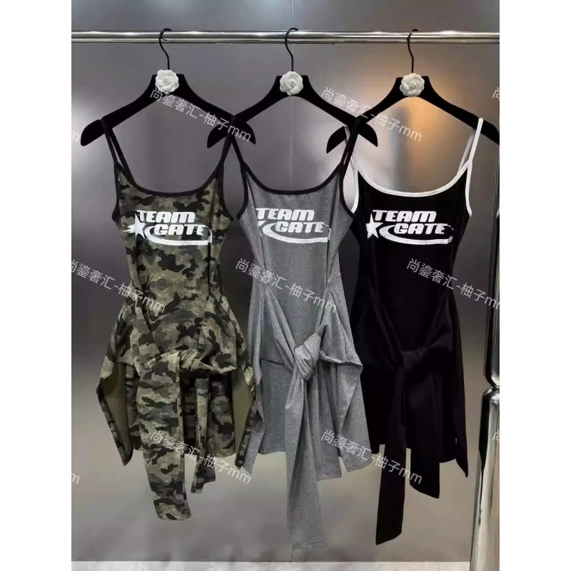 2025 Women's Summer New Fashion Single Spaghetti Strap English Letter Lace Apron Design Fake Two-Piece Dress for Women 2025 Women's Summer New Fashion Single Spaghetti Strap English Letter Lace Apron Design Fake Two-Piece Dress for Women