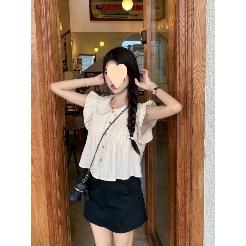 2024 디자인 연령 감소 슬리밍 웨스턴 스타일 느슨한 셔츠 얇은 탑 달콤한 인형 칼라 플라이 슬리브 주름