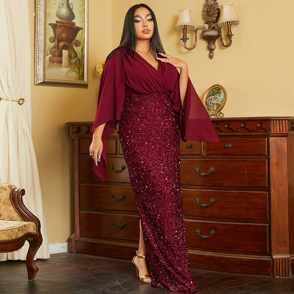 GraceChic Cross-Border European And American Plus Size Elegant Sexy Pailletten V-Ausschnitt Langarm Abendkleid für Brautjungfern_voghion.com