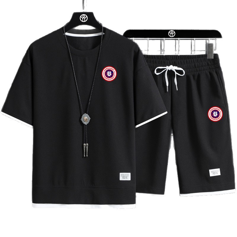 Herrenbekleidung Waffelstrick Sport CCVV Freizeitanzug für Herren, US-Kartendruck, locker sitzender zweiteiliger Anzug aus Kurzarmhemd und Shorts._voghion.com