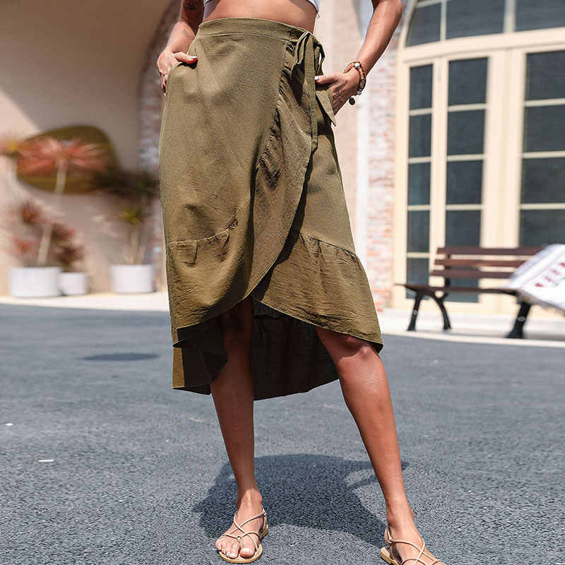 Egyszínű, fodros, magas derekú pamut és lenvászon kendő, rakott szoknya_voghion.com