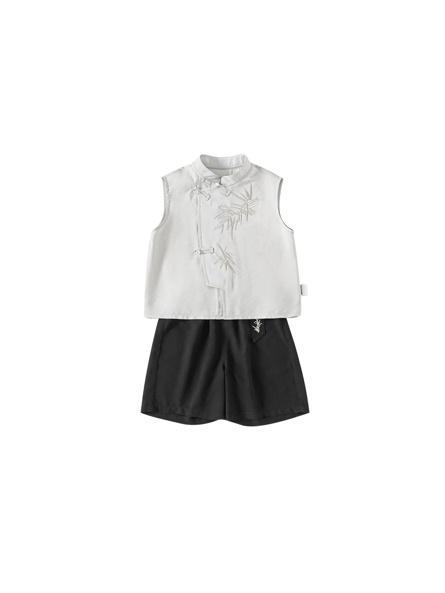 Youbao ropa para niños nuevo traje de estilo chino para niños, top sin mangas con cuello alto de estilo nacional, pantalones cortos bordados de color sólido, traje de dos piezas para niños