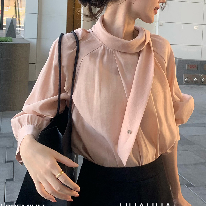 Autumn Versatile Women's Korean-Style Round Neck Bow Tie Fashionable Pink Elegant Long-Sleeve Shirt for Women