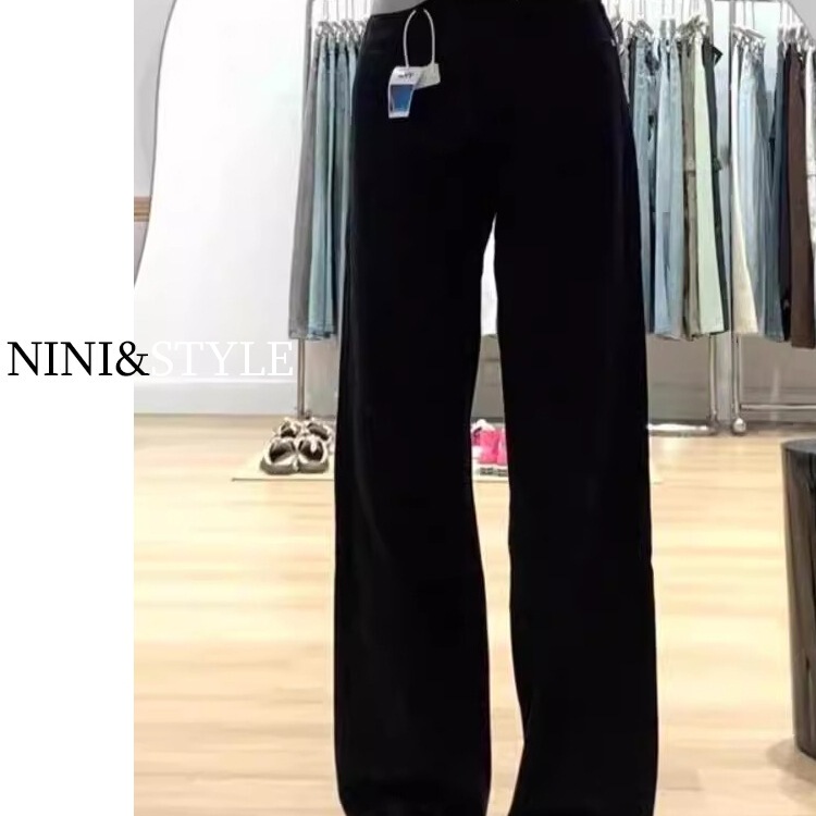 Wu Jiani Nini Pure Cotton Black Loose Straight Jeans for Women 2025 All Year Round High Waist Slimming Look