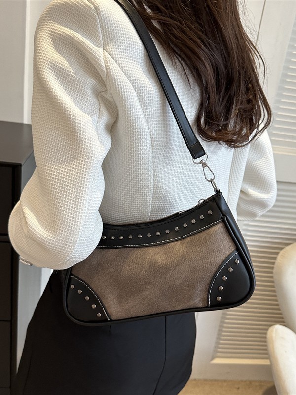 2025 new retro patchwork fashion underarm bag women‘s sweet cool hot girl style rivet motorcycle bag handbag