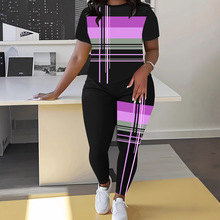 外贸女士加大码短袖运动服套装黑色与粉色几何图案圆领系带瑜伽服