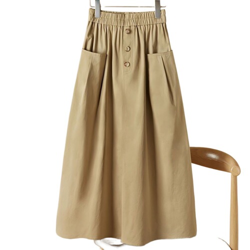 Women's 2024 Summer Loose Hem Skirt with Elastic Waist, Workwear Style, Large Pockets, Korean Version