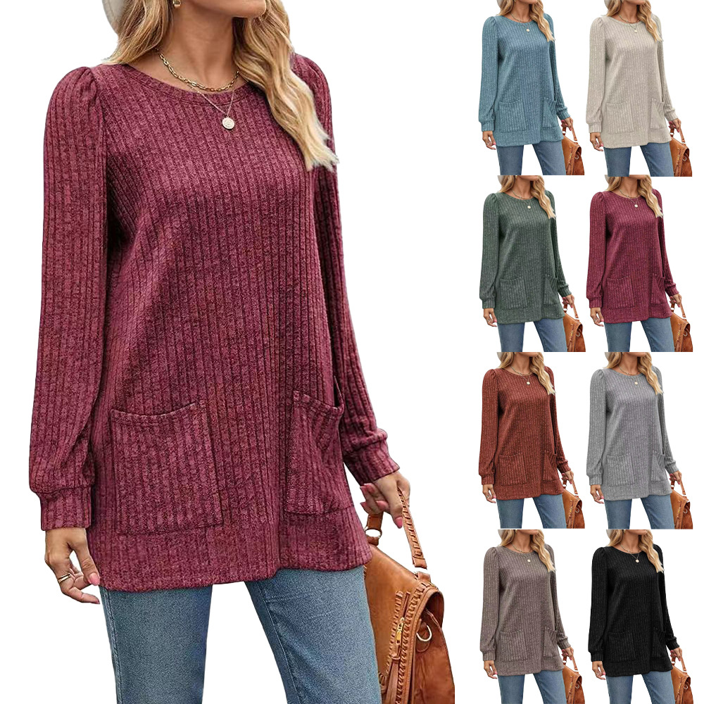 European and American cross-border foreign trade 2023 Amazon autumn and winter New Pocket Top loose casual puff sleeve t-shirt for women