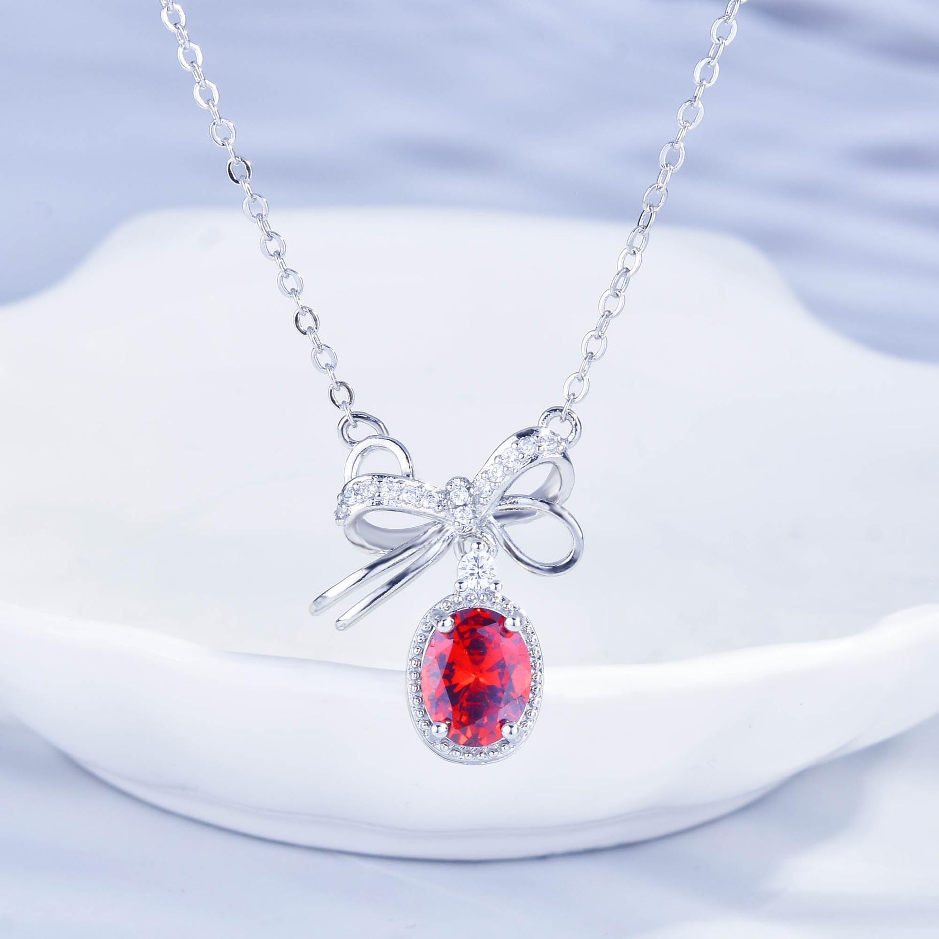 design garnet red zircon bow necklace Korean style ins niche temperament clavicle chainpicture2