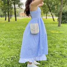 法式小清新V领格子吊带连衣裙女2024夏季新款设计感气质收腰长裙