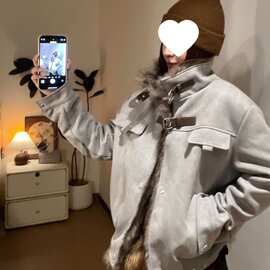 美式毛毛拼接立领加绒甜酷宽松休闲加厚叠穿秋冬款短外套情侣夹克