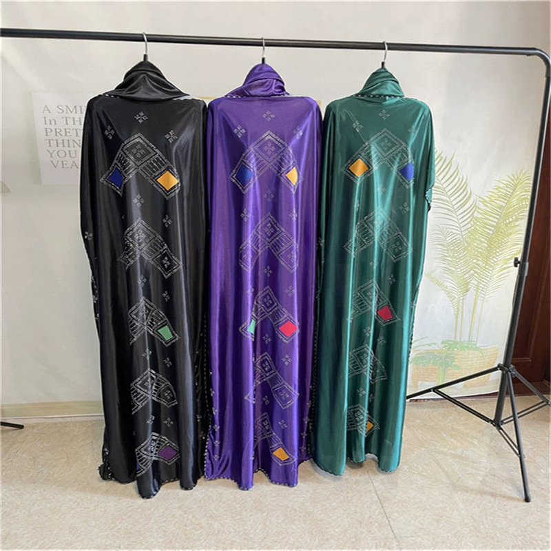 Ah12052 # New Style Robe with Gold Stamping, One-Line Collar, Casual Headscarf, Large Size, Loose Fit, Shiny Fabric Long Dress. Ah12052 # New Style Robe with Gold Stamping, One-Line Collar, Casual Headscarf, Large Size, Loose Fit, Shiny Fabric Long Dress.