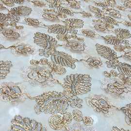 热销现货金色股绳平蕾丝绣花面料服装辅料wedding简约
