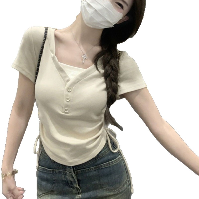 假两件纽扣短袖t恤女夏季新款V领抽绳正肩高腰短款修身显瘦上衣潮|undefined