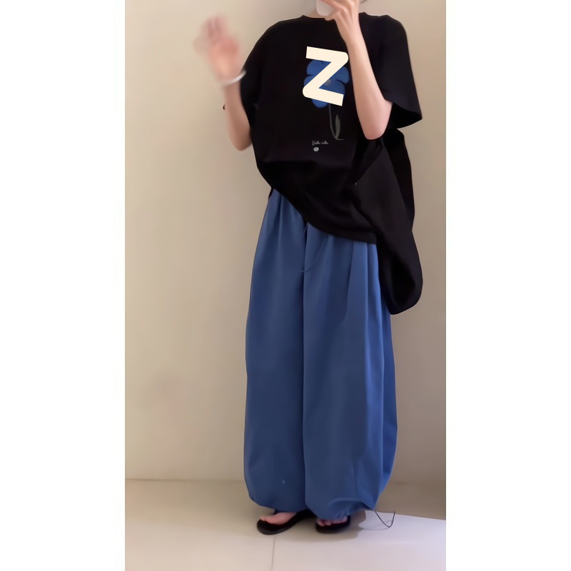 韩系慵懒松弛感穿搭女2025夏季印花短袖圆领上衣宽松梨形身材长裤|undefined