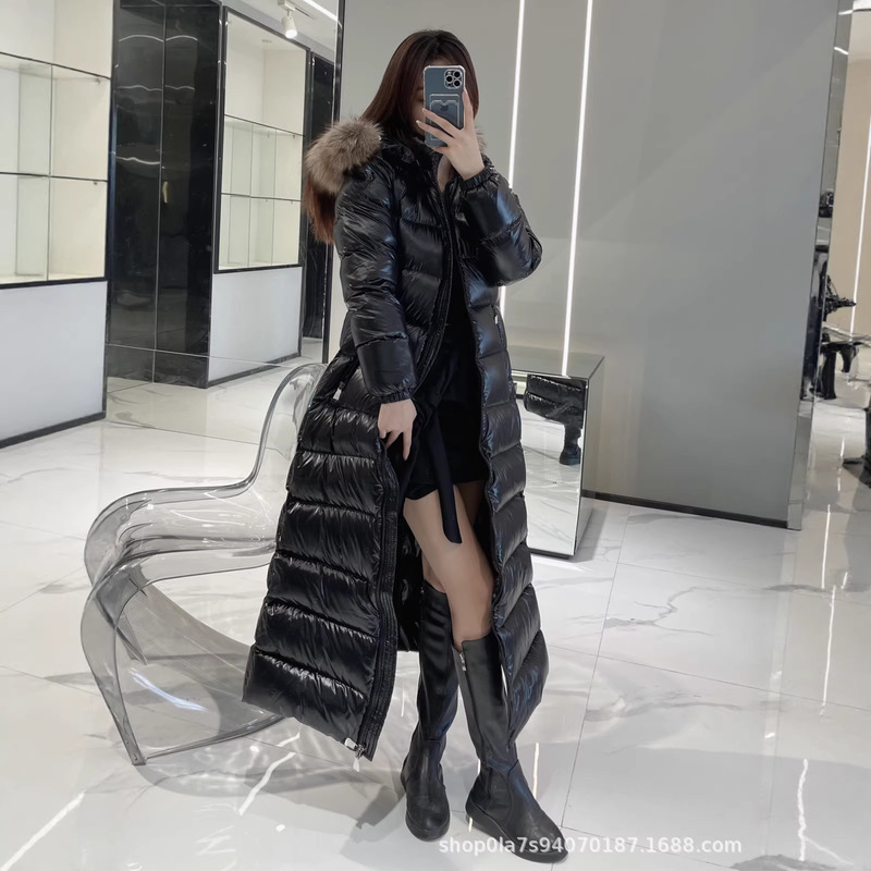 Winter New Style Shiny Long Over-The-Knee down Jacket for Women, Thickened, Slim Fit, Waist-Cinching, Large Fur Collar, Warm Duck down Coat