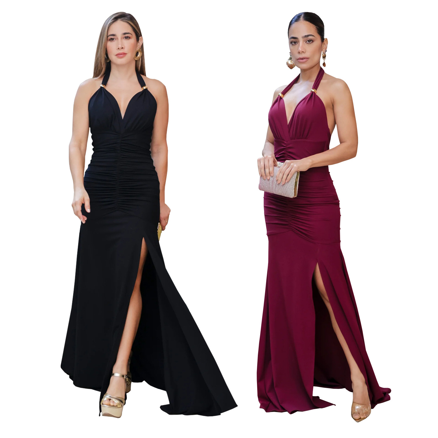 C7552 Aliexpress transfronterizo amazon Europa y América moda mujer elegante color sólido sexy V-collar vestido bifurcado