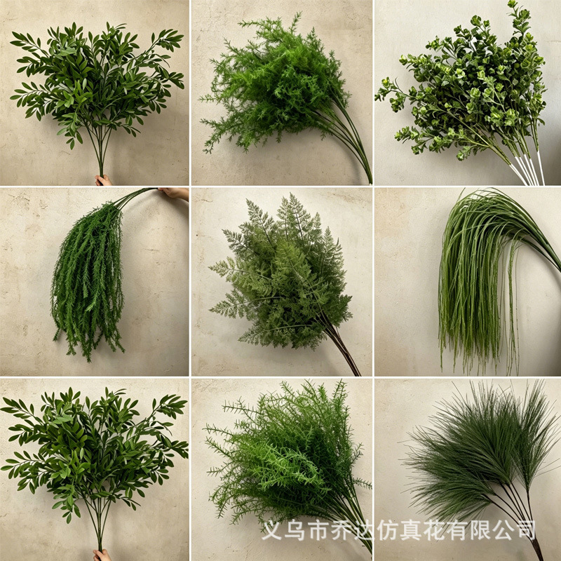 Green Wedding Artificial Flower Scene Arrangement, Artificial Green Plants, Forest-Style Dragon Whisker Grass Leaves, Asparagus Grass, Fake Flowers, Thousand-Layer Gold Flowers