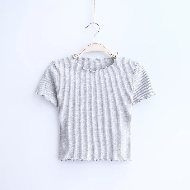 Verano camiseta de hielo de manga corta de punto de tela delgada de la mujer de cintura alta cintura corta ombligo de la clavícula delgada
