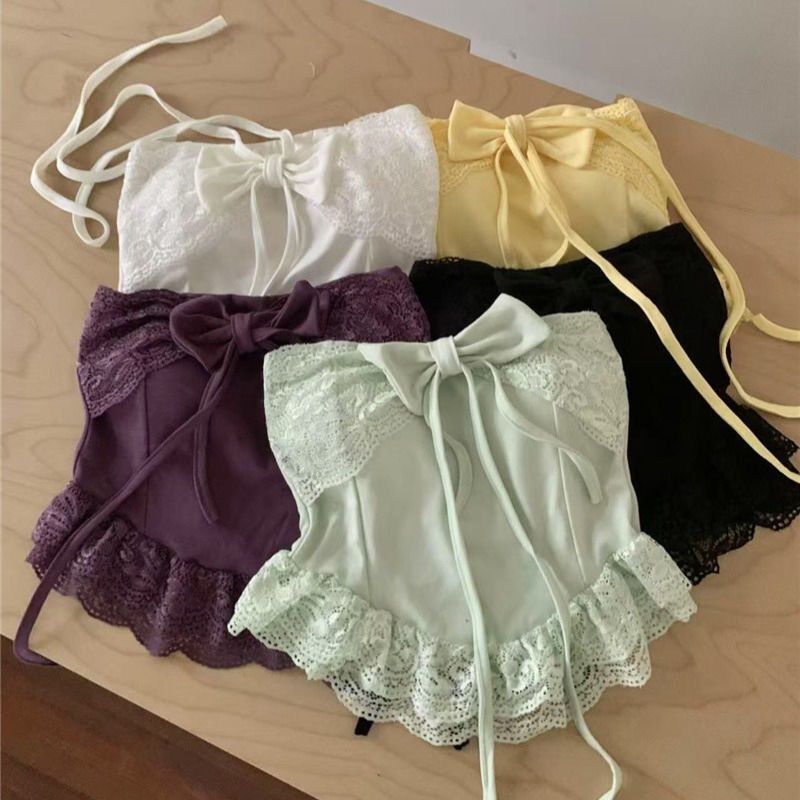 French-Style Sweet Bow Lace Halter Neck Camisole for Women, Summer with Chest Pads, Slim Fit Inner Fishbone Tube Top