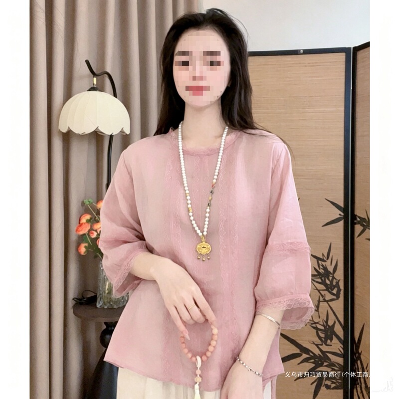 Summer New Style Patchwork Lace-Trimmed Round-Neck Three-Quarter Sleeve Youthful Versatile Blouse in Pink, White, Black, and Autumn Yellow
