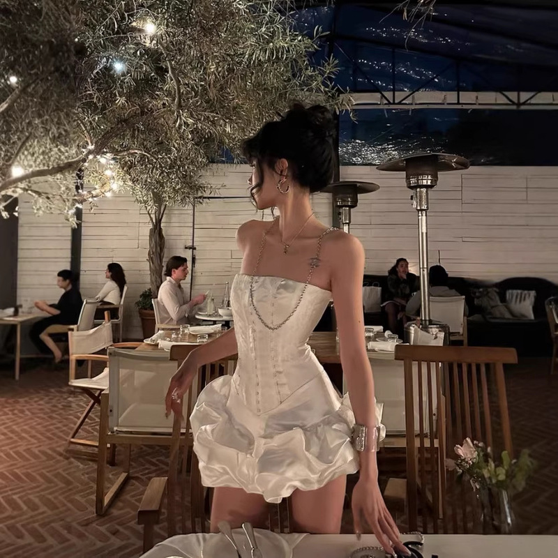 Korean Sweet Style Warden Edge White Strapless Elegant Dress for Women, Summer Birthday Dress, Short White Dress Korean Sweet Style Warden Edge White Strapless Elegant Dress for Women, Summer Birthday Dress, Short White Dress