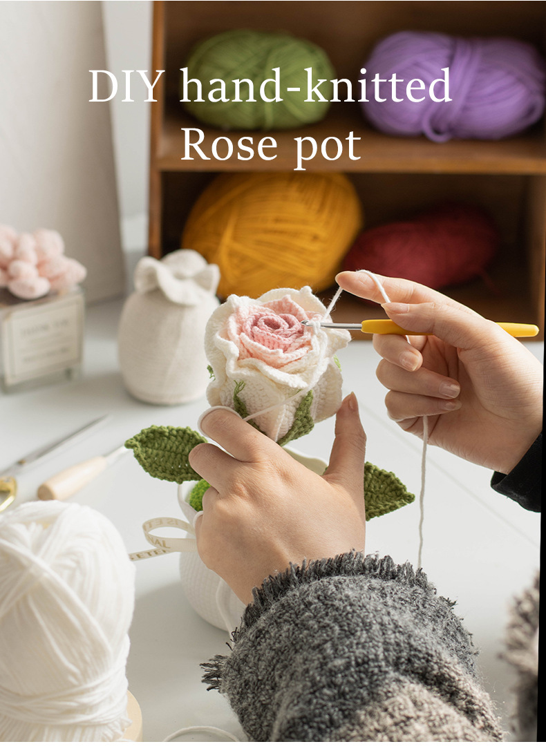 Ready-made hand-knitted rose artificial flower potted plants, office desktop potted plants, knitted flower ornaments, artificial flowers wholesale pic 5