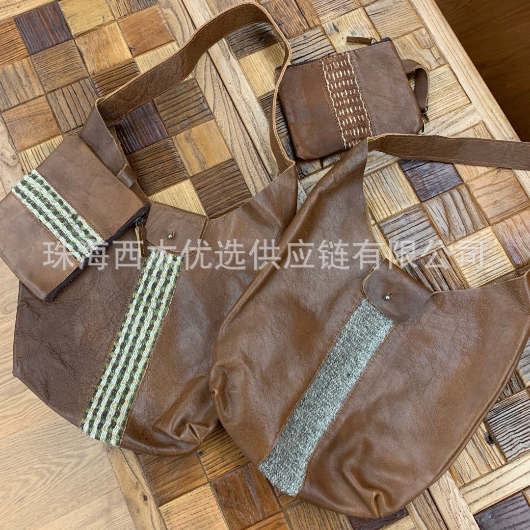 【现货】2025通勤款牛皮拼麻编织手拎包 随机色b2441