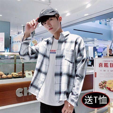 Buy One Get One Free Men's Long-Sleeve Shirt Korean Style Student Loose Collared Shirt Men's Casual Spring and Summer Hong Kong Style Trendy Yu Kang
