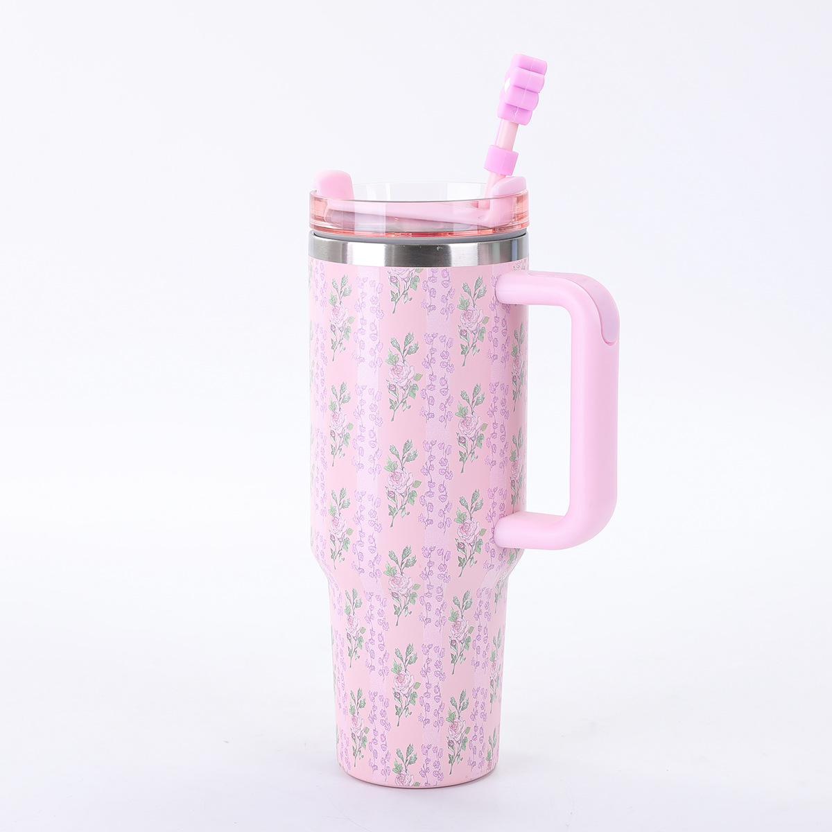 Vaso de Acero Inoxidable de 40 oz con Asa Floral, Gran Capacidad, Aislamiento al Vacío, Portátil para Exteriores con Pajita